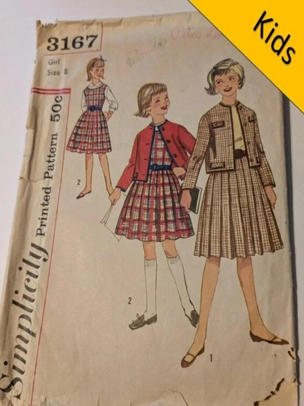 simplicity 7487 sewing pattern girls skirt, jacket, jumper